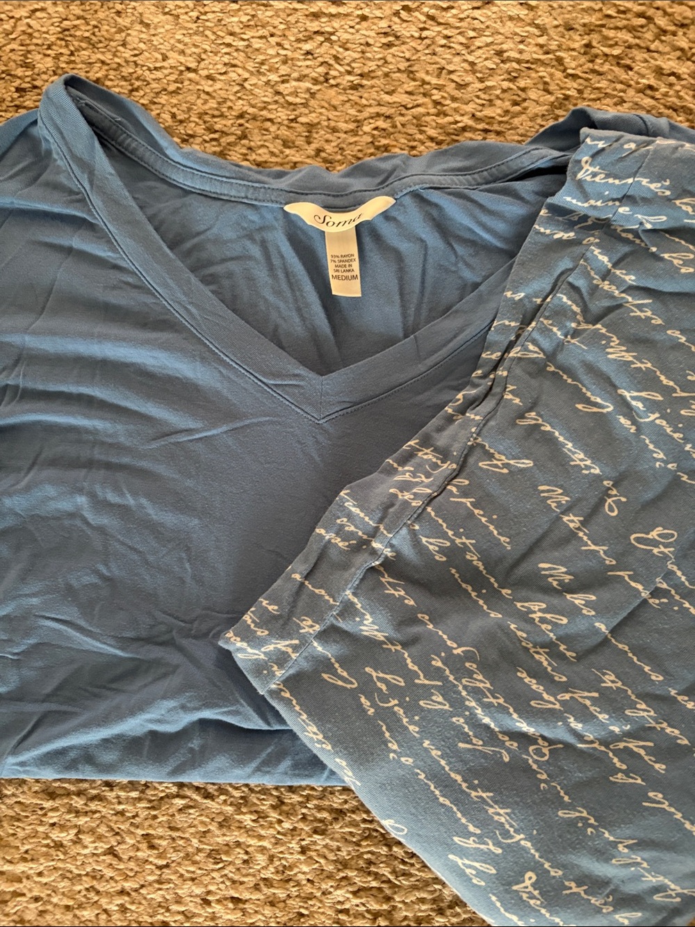 Soma Blue V-Neck Short Sleeve Top with Script Detail